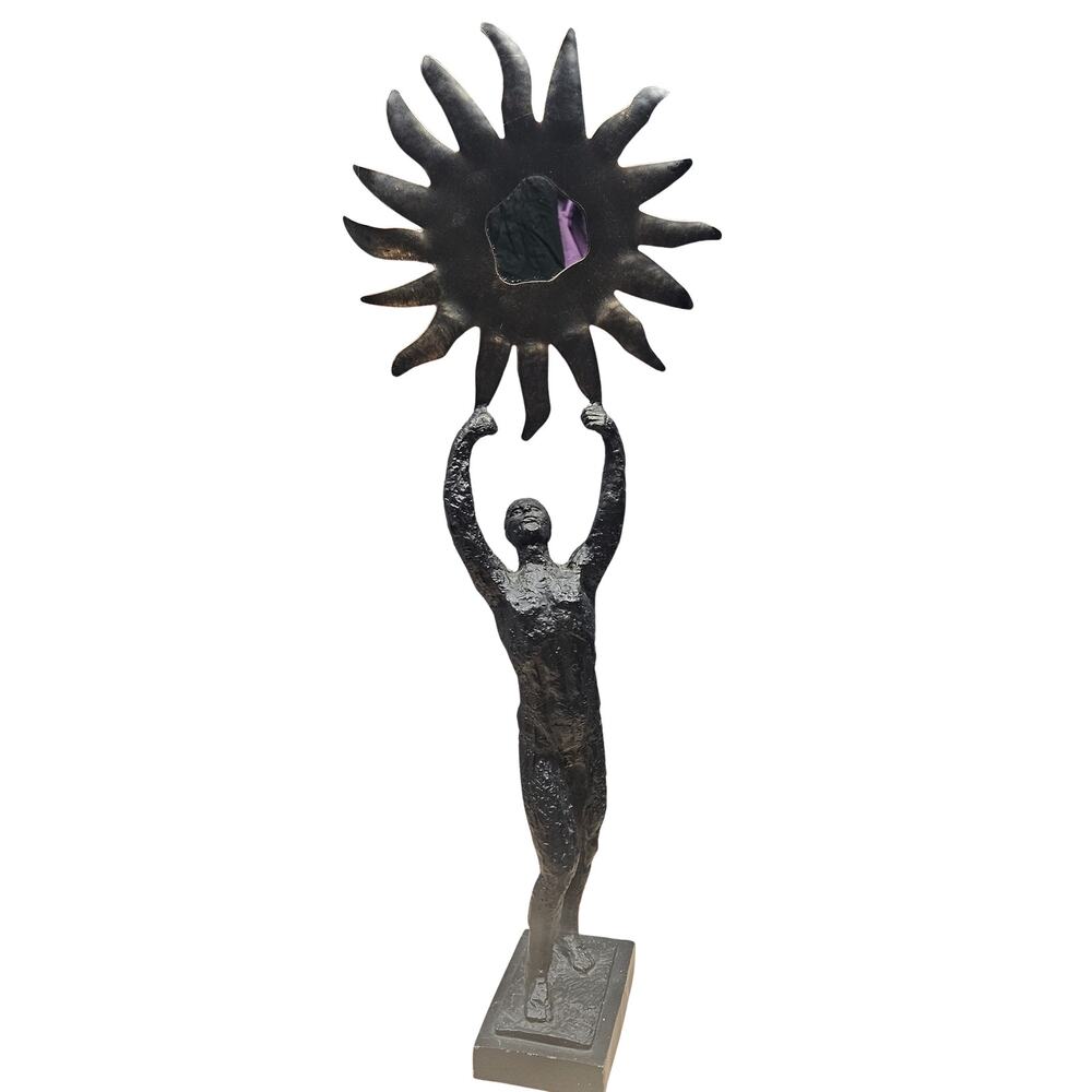 Vintage Detailed Metal Art Male Cast Iron Holding Raised Sun By Alice Heath